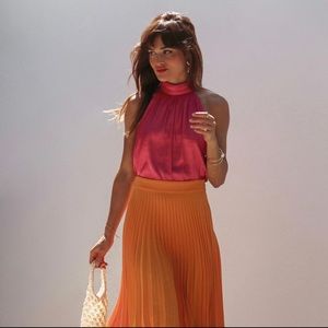 Zara Tangerine/Orange Pleated High Waitsed Midi Skirt